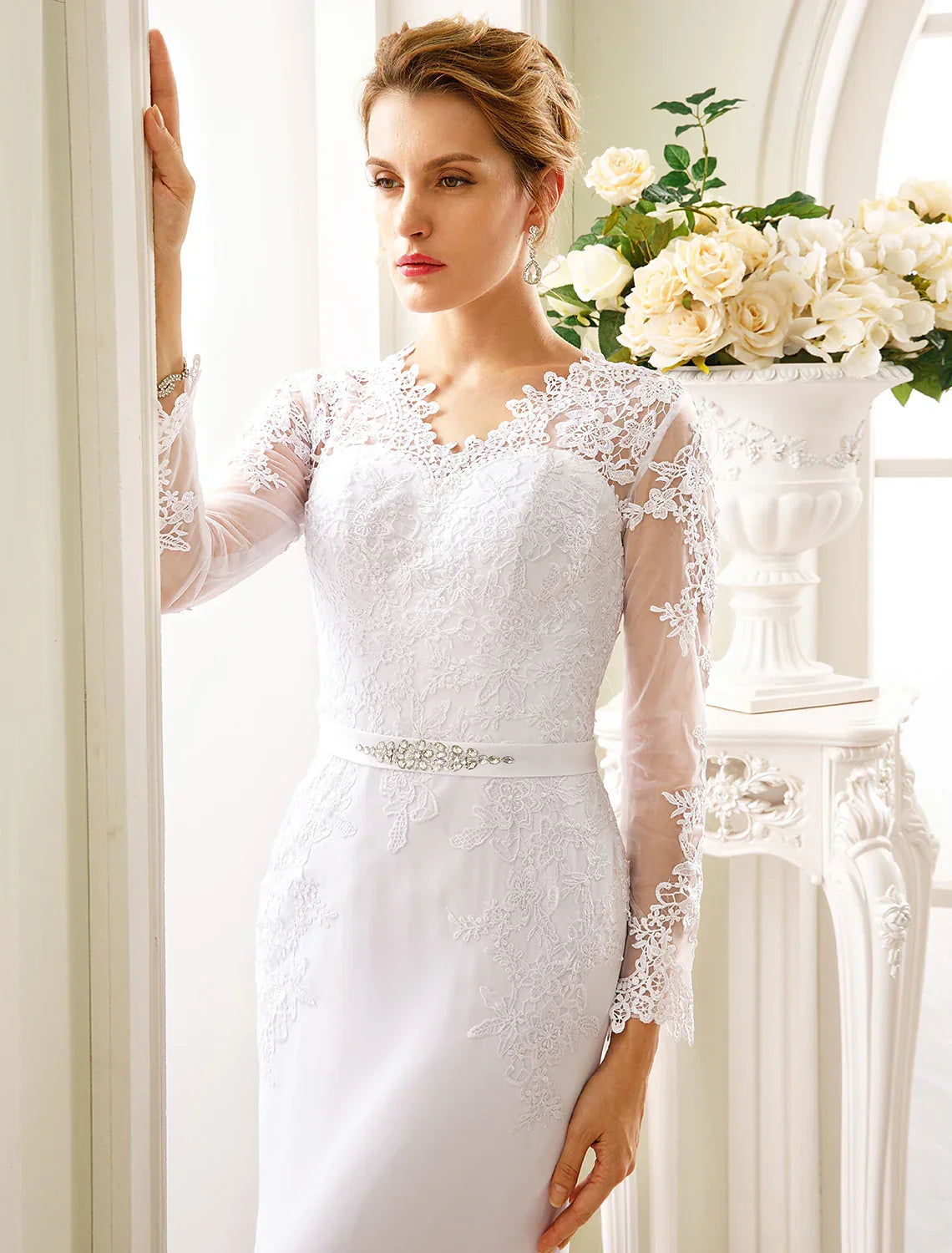 Engagement Open Back Formal Wedding Dresses Long Sleeve V Neck Sash Appliques