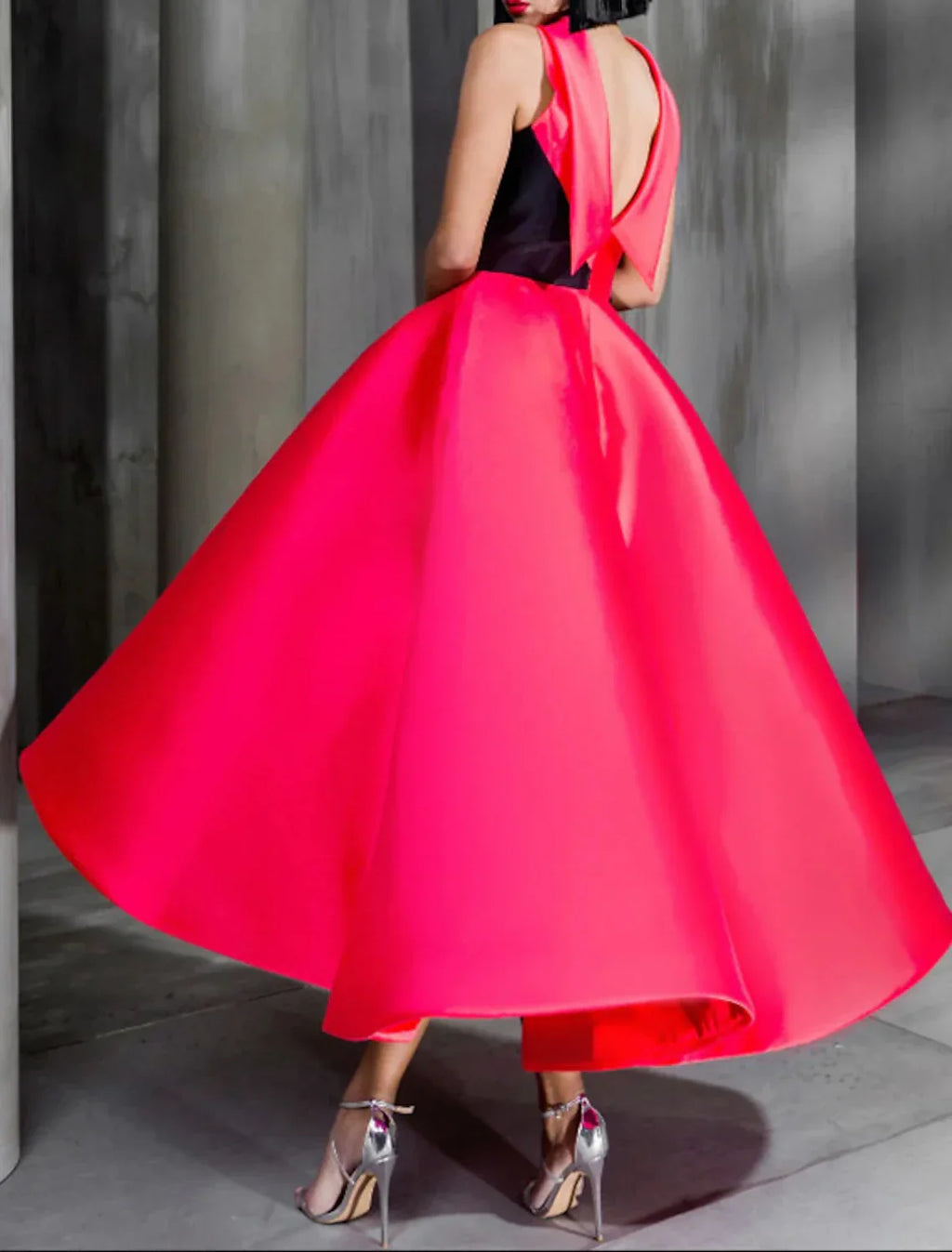Ball Gown Color Block Celebrity Style Elegant Prom Formal Evening Birthday Dress High Neck Sleeveless Ankle Length with Bow(s)