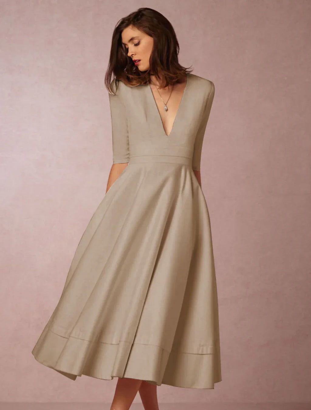 Special Occasion Dresses Party Dress Holiday Tea Length Half Sleeve V Neck Pocket with Pleats