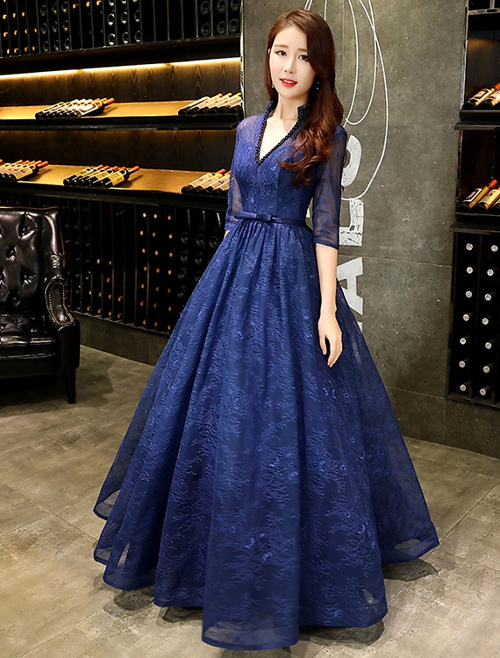 Evening Gown Beautiful Back Dress Wedding Guest Floor Length Half Sleeve V Neck with Beading Prom Dresses