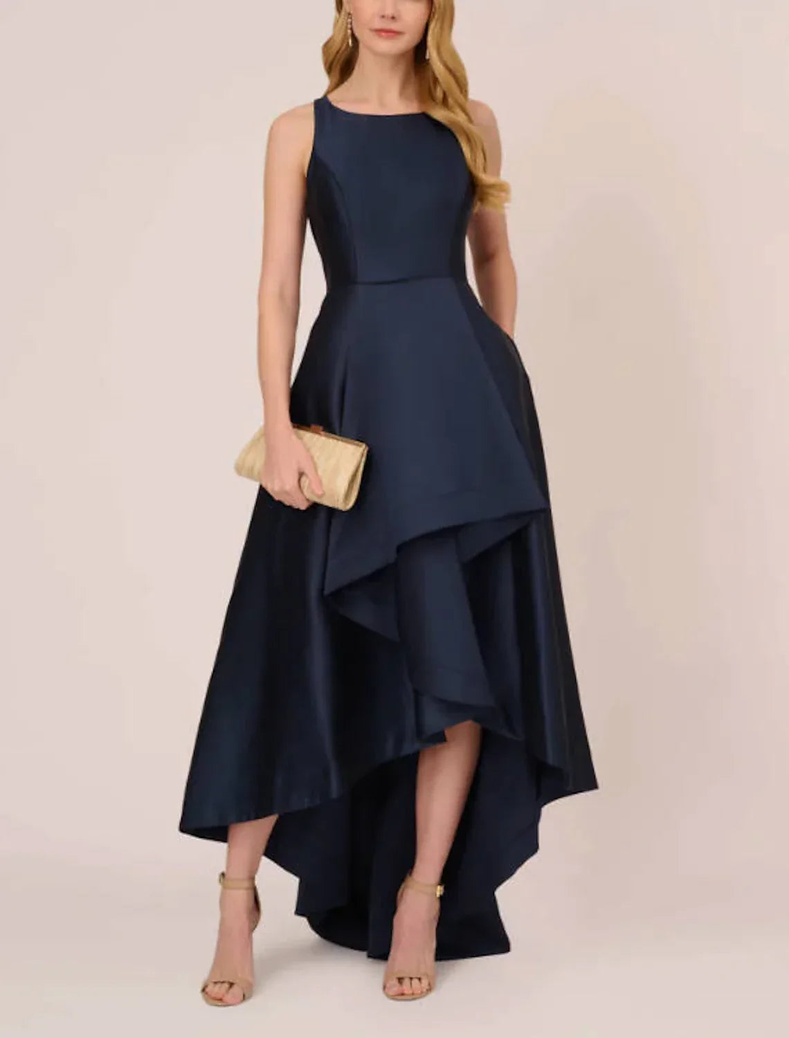 Evening Gown High Low Dress Wedding Wedding Guest Asymmetrical Sleeveless Boat Neck Taffeta with Pleats Pocket