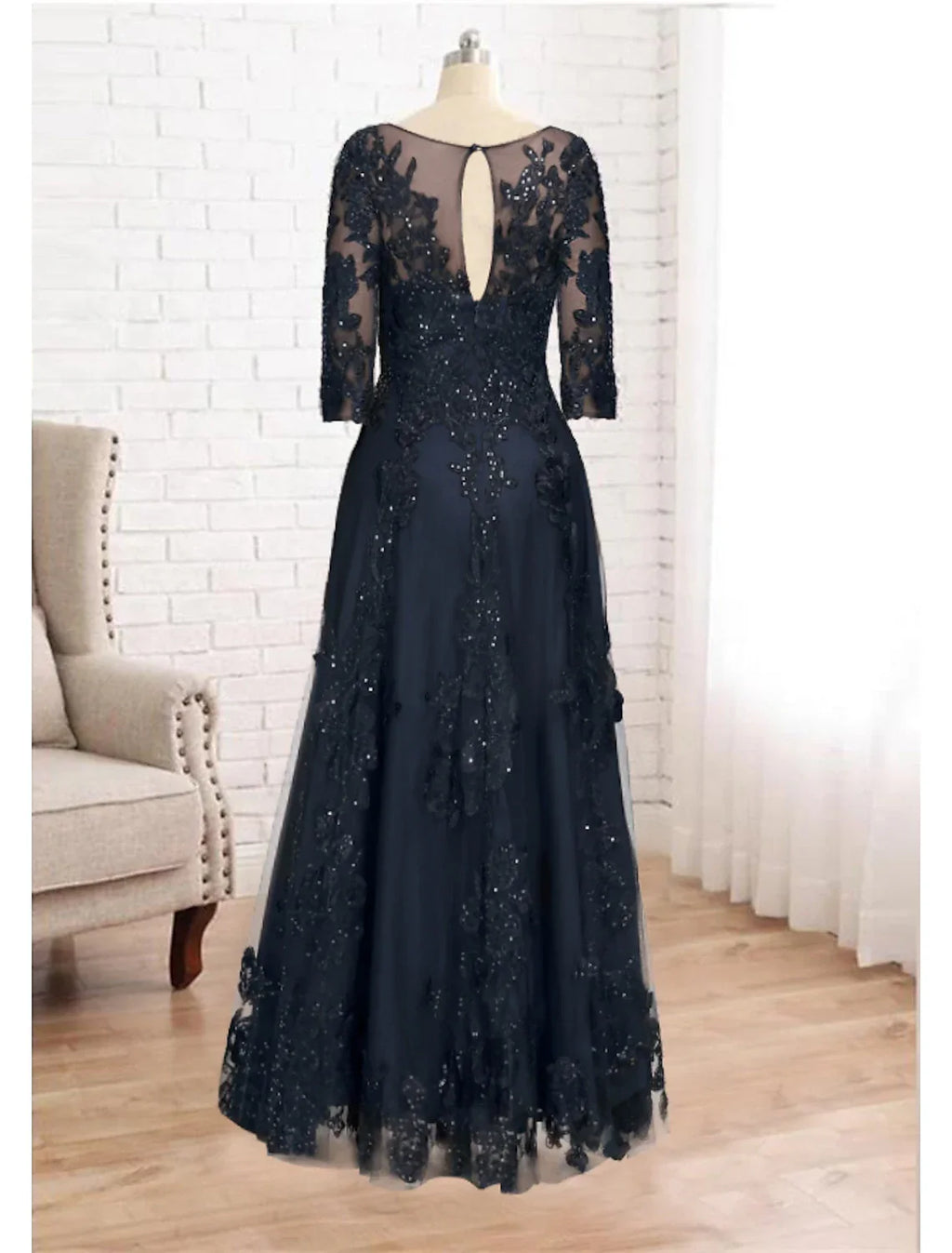 Mother of the Bride Dress Luxurious Elegant Jewel Neck Floor Length Imitated 3/4 Length Sleeve with Appliques
