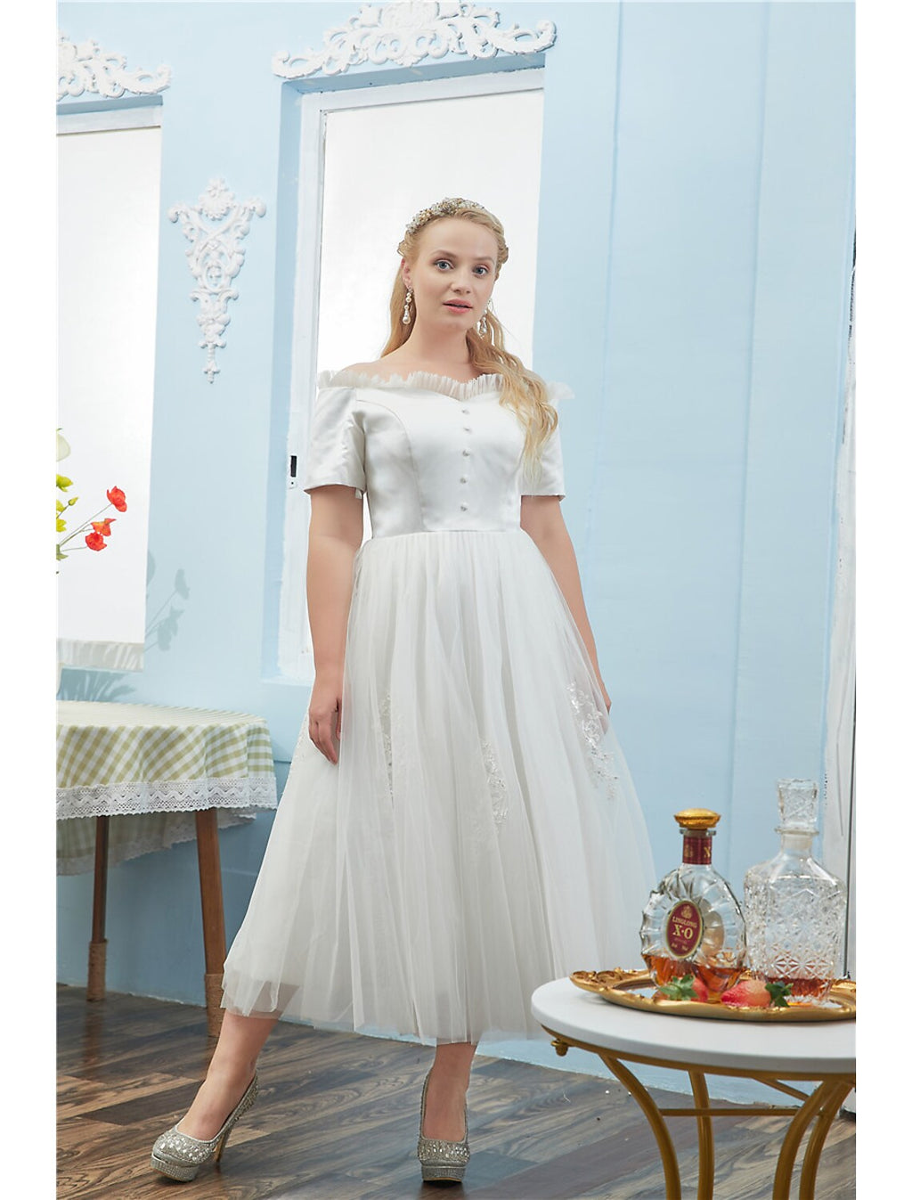 Cocktail Dresses Plus Size Dress hort Sleeve Off Shoulder with Buttons