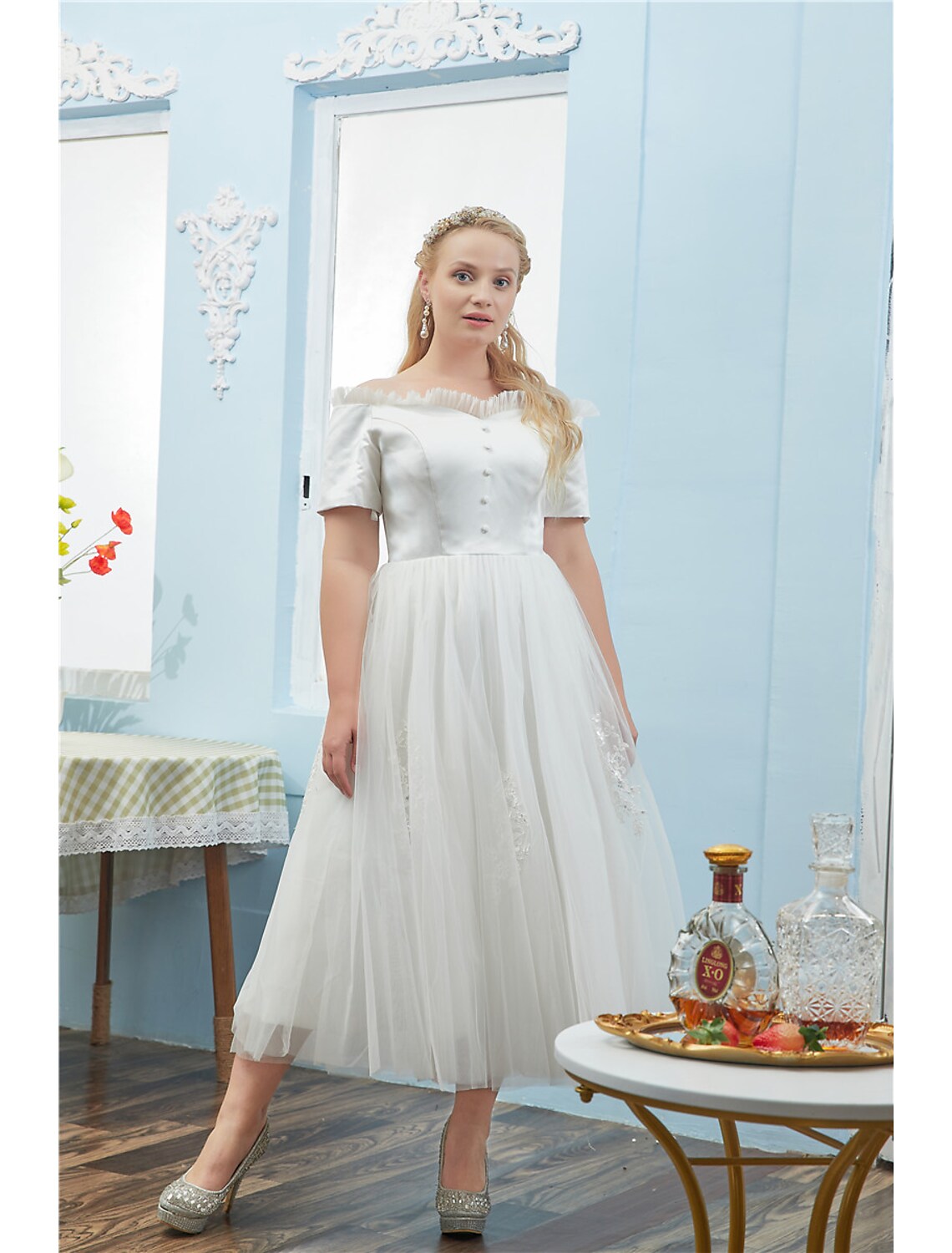 Cocktail Dresses Plus Size Dress hort Sleeve Off Shoulder with Buttons