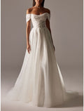 Formal Wedding Dresses A-Line Off Shoulder Short Sleeve Court Train Bridal Gowns With Pleats Ruched