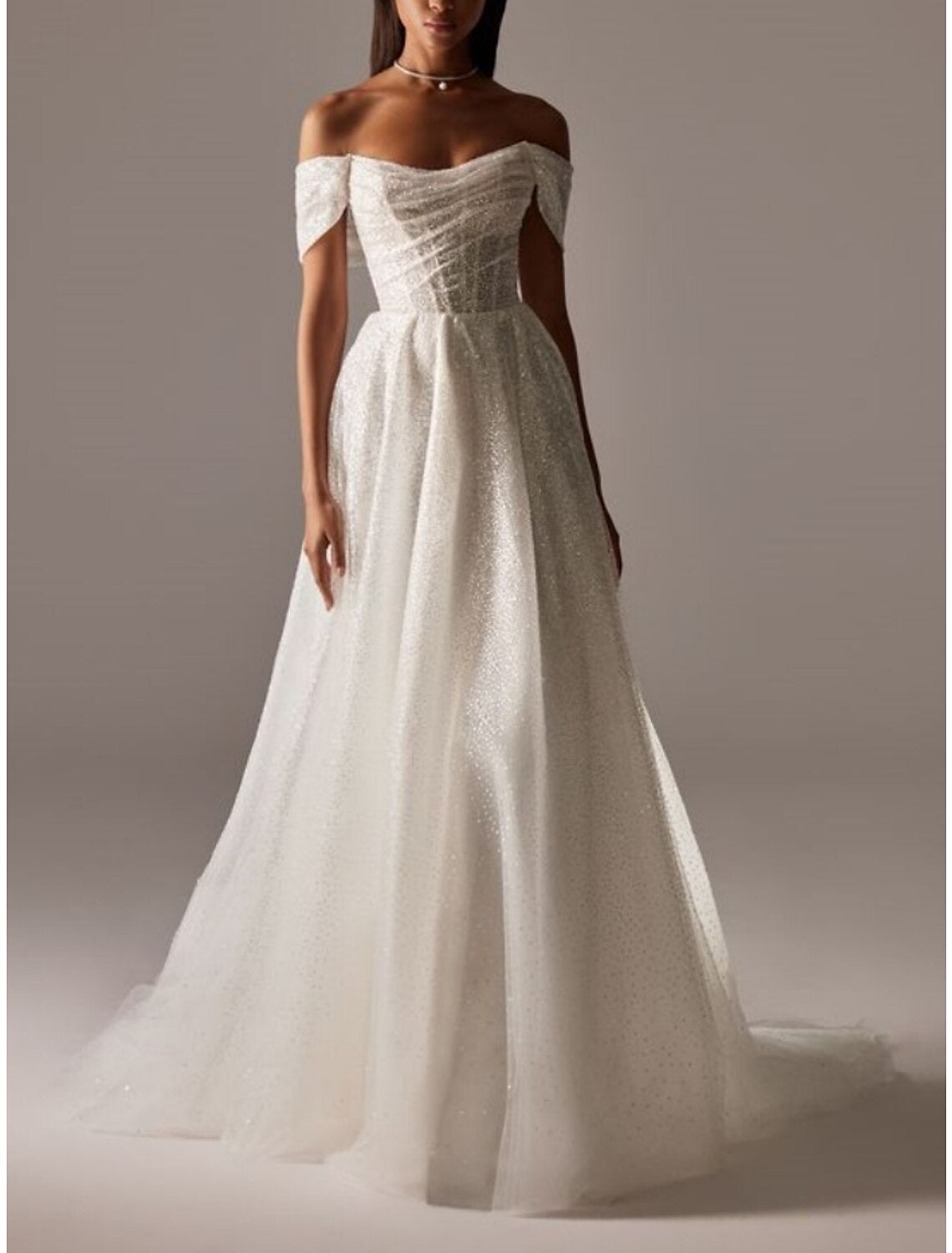 Formal Wedding Dresses A-Line Off Shoulder Short Sleeve Court Train Bridal Gowns With Pleats Ruched