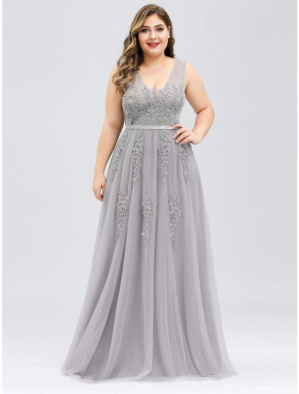 Plus Size Dress Prom Floor Length Sleeveless V Neck V Back Beading Appliques