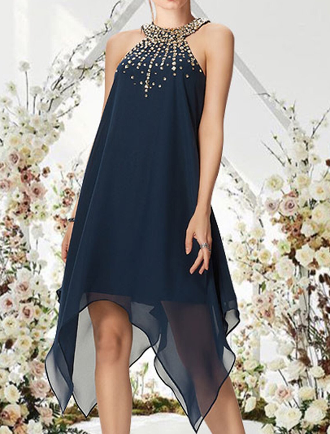 Cocktail Dresses Flirty Dress Wedding Guest Cocktail Party Asymmetrical Sleeveless Halter Neck with Crystals Beading