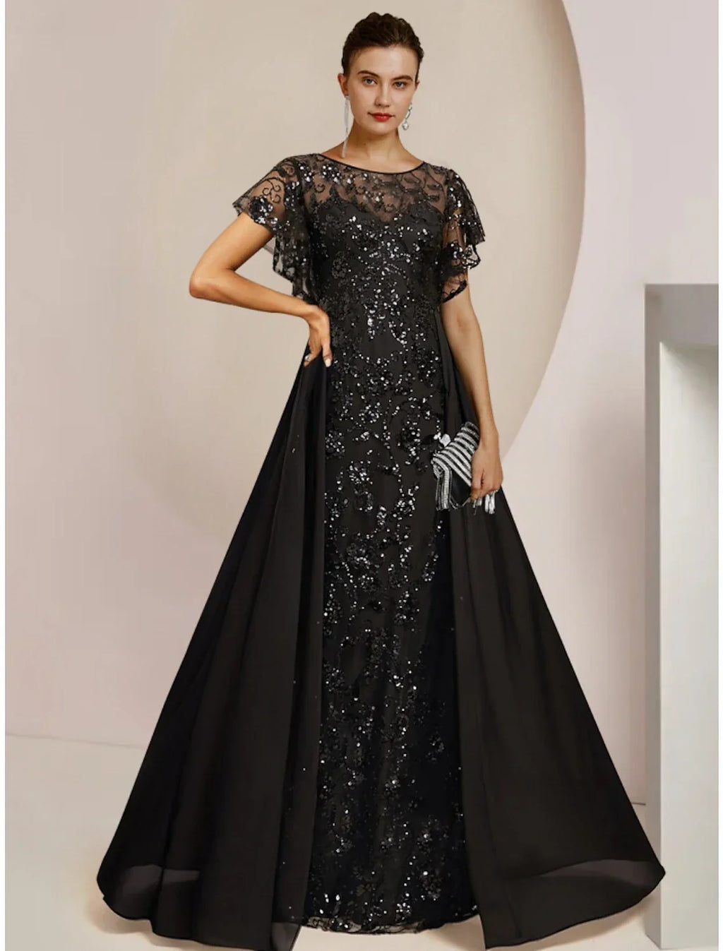 Mother of the Bride Dress Wedding Guest Elegant Scoop Neck Floor Length Short Sleeve with Ruching Solid Color