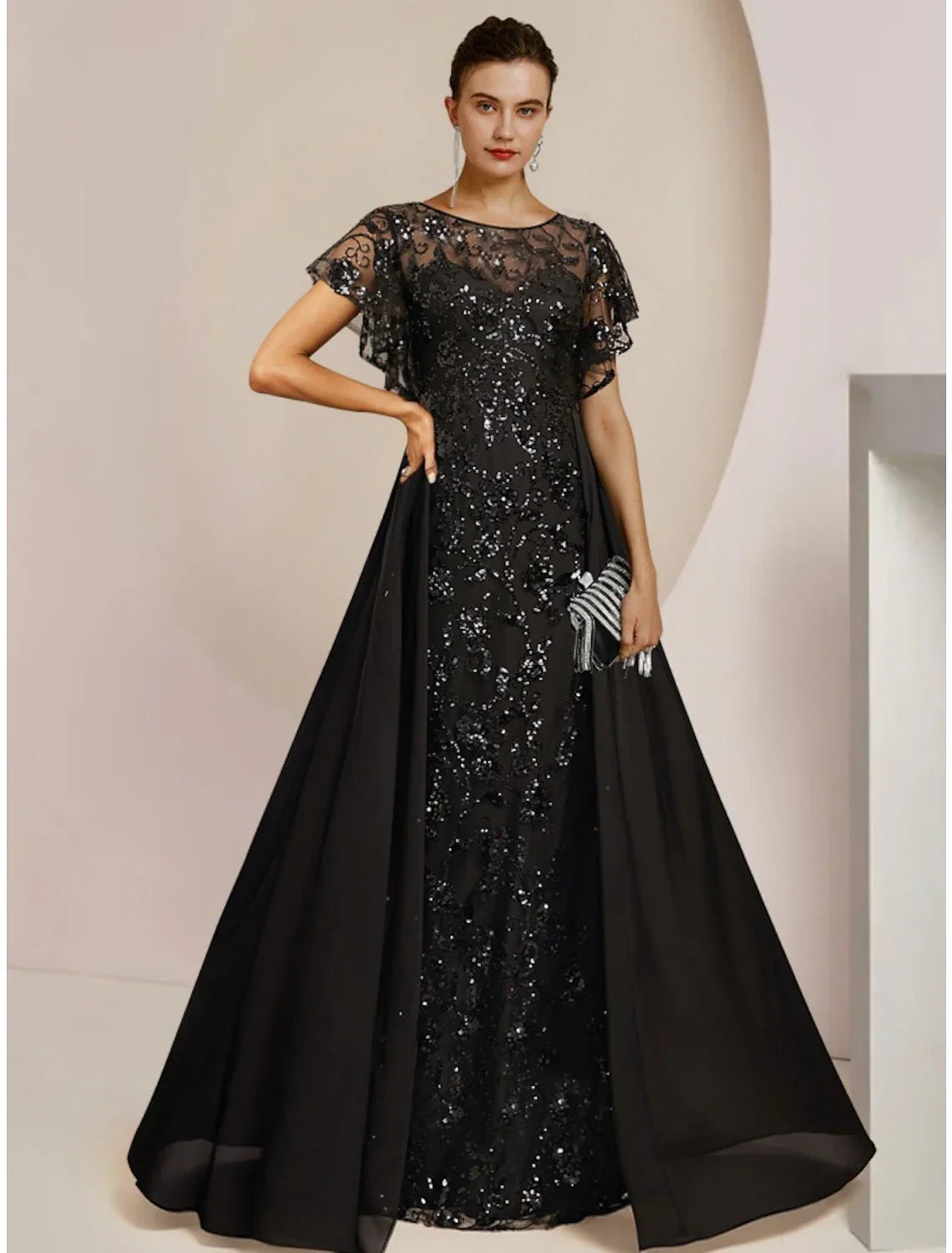 Mother of the Bride Dress Wedding Guest Elegant Scoop Neck Floor Length Short Sleeve with Ruching Solid Color