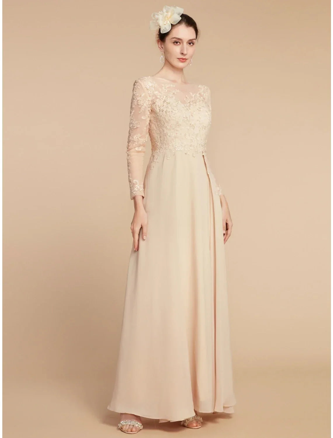 Mother of the Bride Dress Wedding Guest Elegant Jewel Neck Ankle Length Long Sleeve with Ruching Solid Color