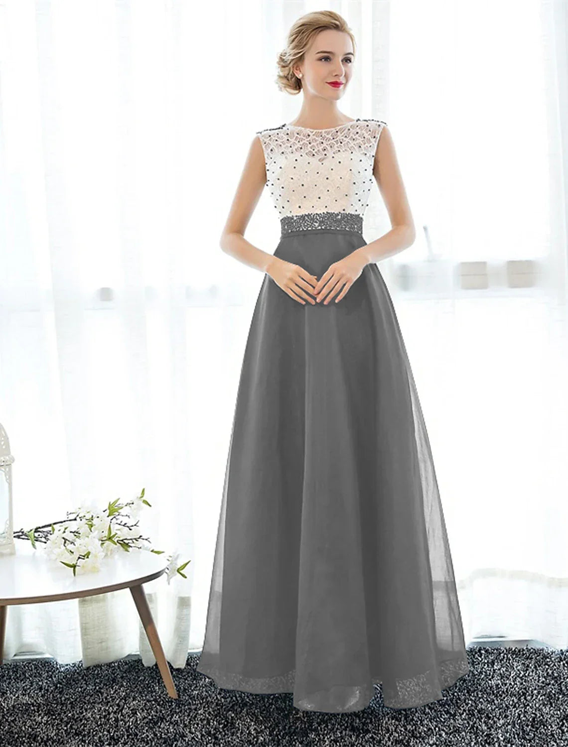 Back Elegant Beaded & Prom Formal Evening Dress Illusion Neck Sleeveless Floor Length Over with Beading