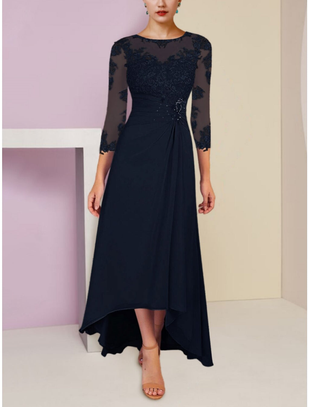Mother of the Bride Dress Wedding Guest Elegant Scoop Neck Asymmetrical Ankle Length 3/4 Length Sleeve with Ruching