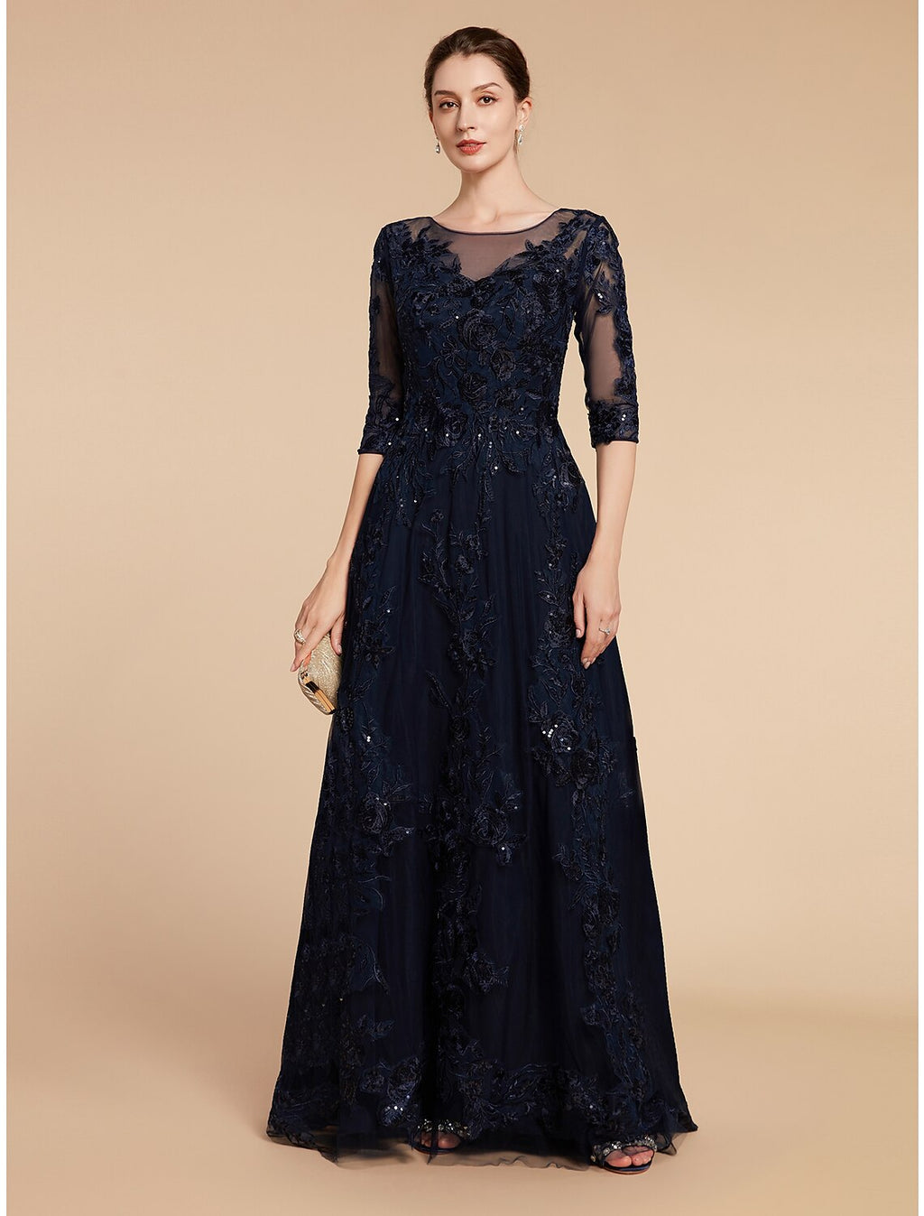 Mother of the Bride Dress Luxurious Elegant Jewel Neck Floor Length Imitated 3/4 Length Sleeve with Appliques