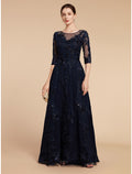 Mother of the Bride Dress Luxurious Elegant Jewel Neck Floor Length Imitated 3/4 Length Sleeve with Appliques