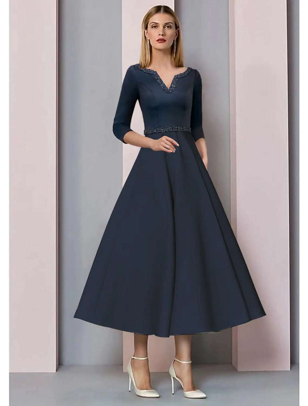 Mother of the Bride Dress Wedding Vintage Elegant V Neck Length Short Sleeve with Pleats Beading