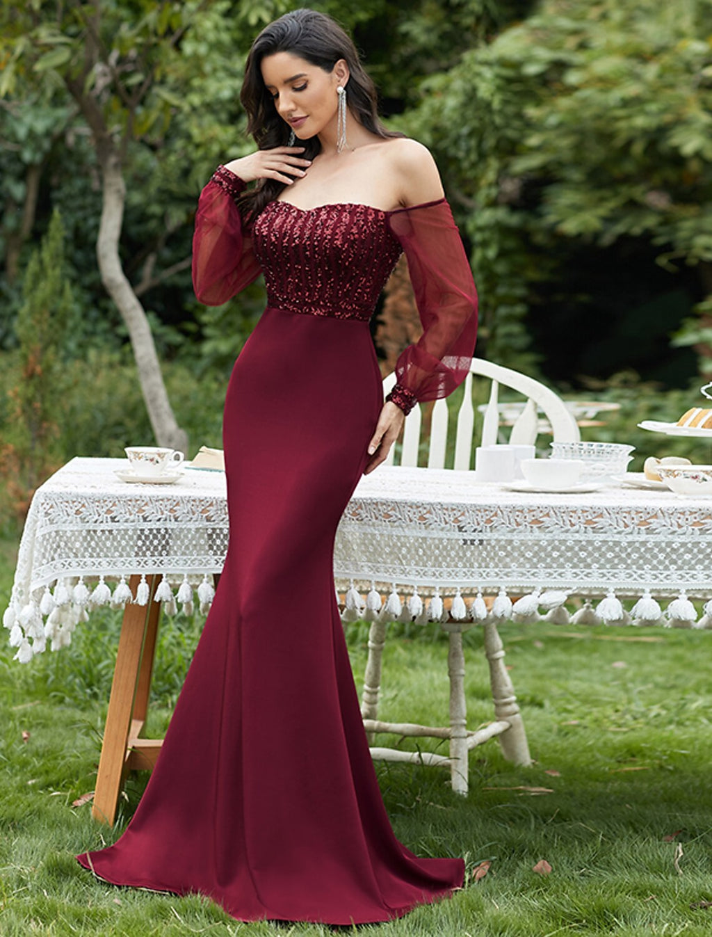 Sexy Formal Evening Dress Off Shoulder Long Sleeve Floor Length