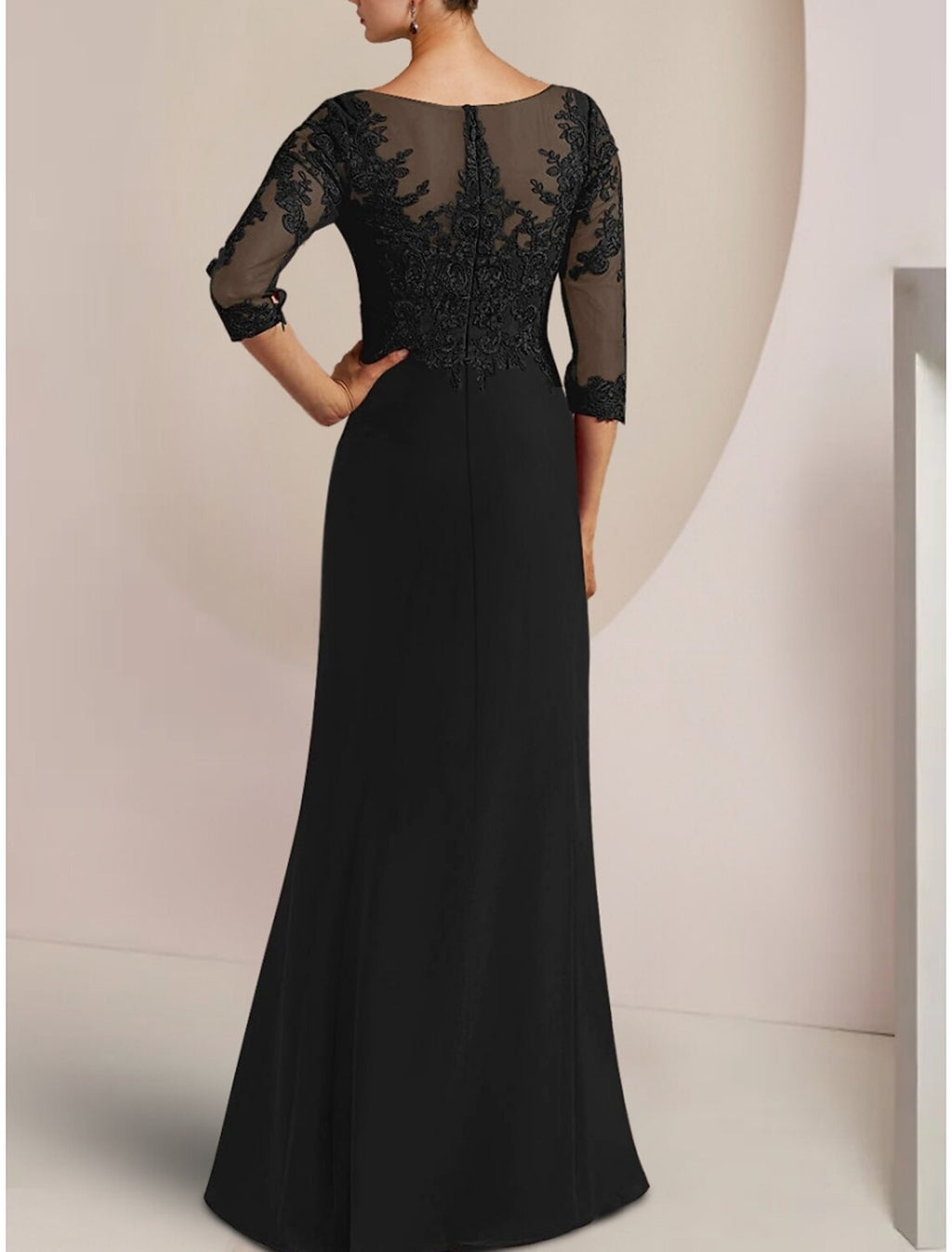 Mother of the Bride Dress Wedding Guest Party Elegant Scoop Neck Sweep / Brush Train Half Sleeve with Ruffles