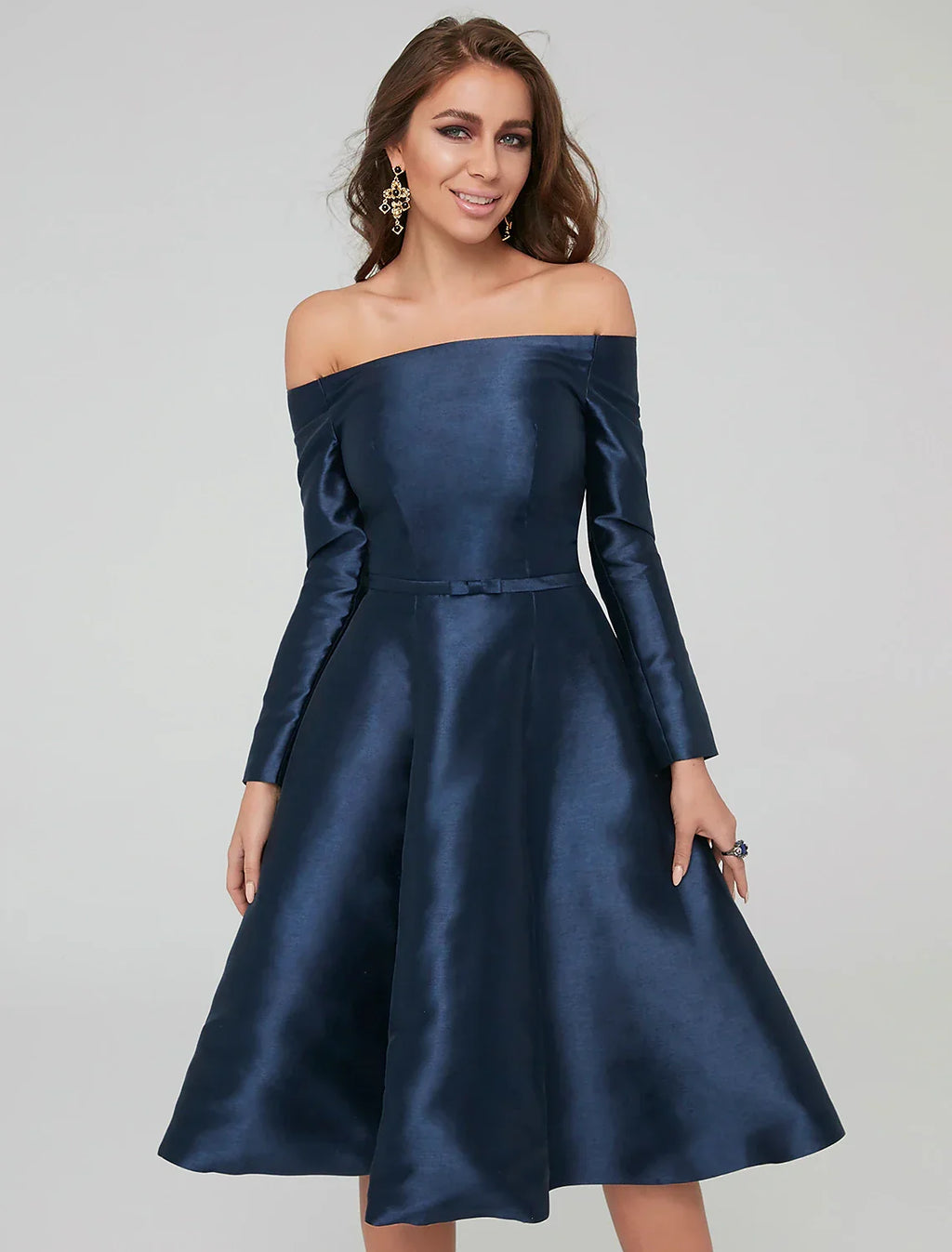 Special Occasion Dresses Party Dress Wedding Guest Knee Length Long Sleeve Off Shoulder with Pleats