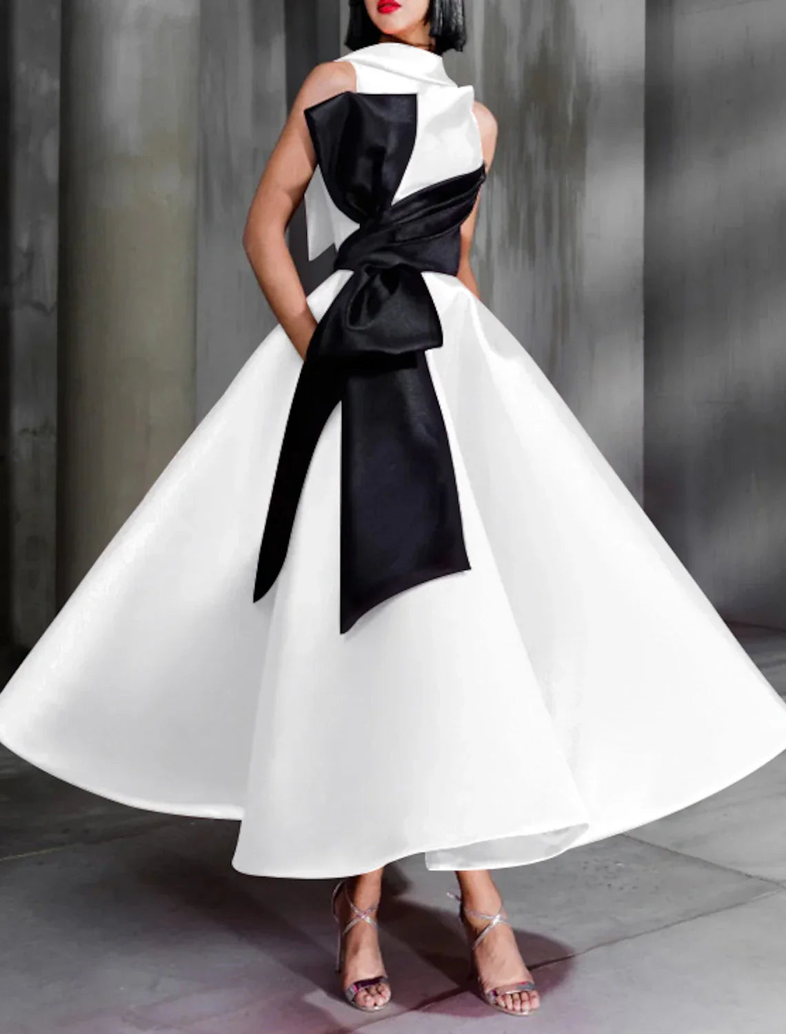 Ball Gown Color Block Celebrity Style Elegant Prom Formal Evening Birthday Dress High Neck Sleeveless Ankle Length with Bow(s)