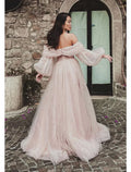Corsets Dress Formal Floor Length Long Sleeve Off Shoulder Glitter Ruched Slit