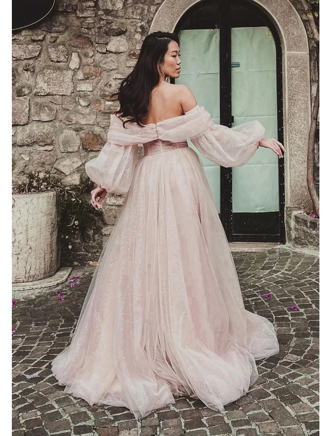 Corsets Dress Formal Floor Length Long Sleeve Off Shoulder Glitter Ruched Slit