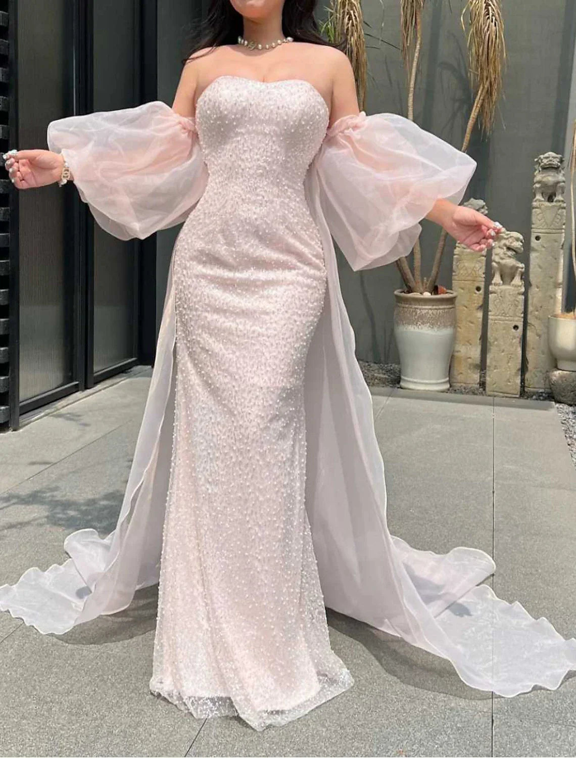 Mermaid / Trumpet Prom Dresses Sparkle & Shine Dress Formal Floor Length Short Sleeve Strapless with Pearls