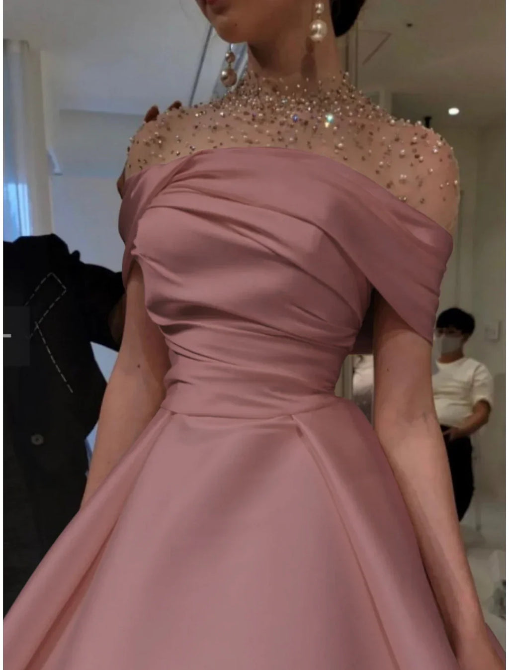 Green Evening Gown Elegant Dress Formal Christmas Red Dress Floor Length Short Sleeve Illusion Neck with Ruched Beading