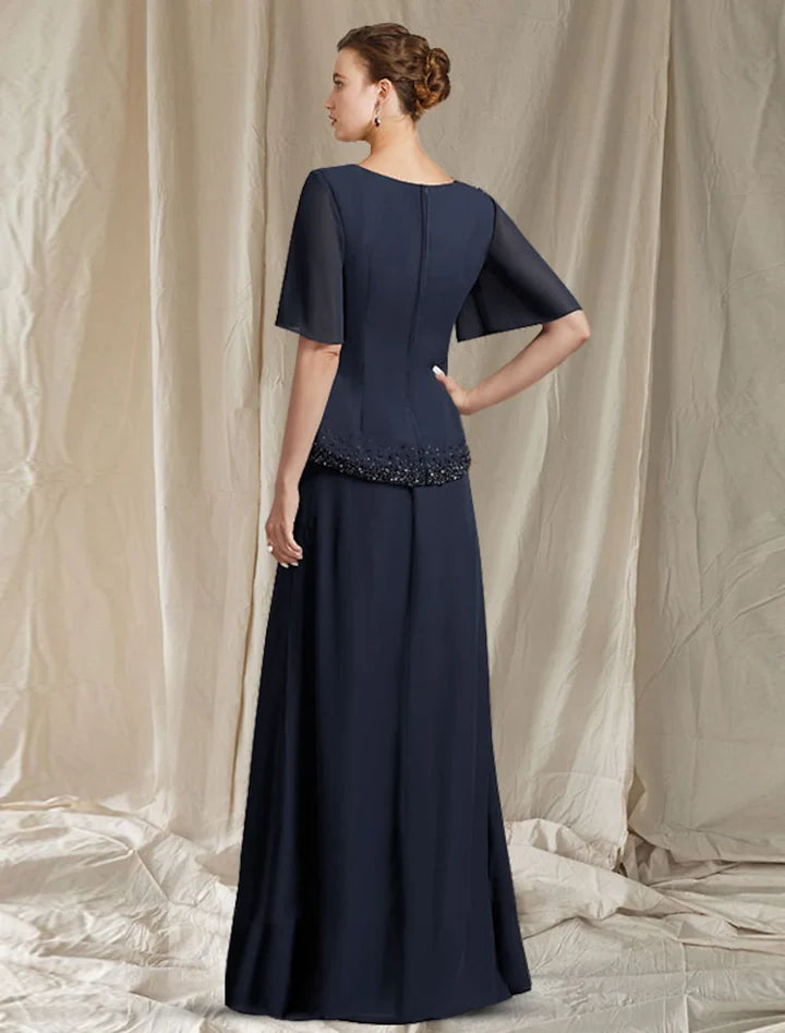 Elegant a-line round flutter sleeve zipback floor mother of the bride dresses