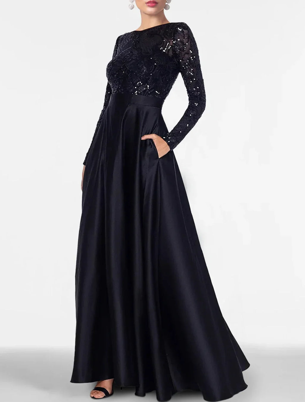 Black Evening Gown Elegant Dress Formal Tie Floor Length Long Sleeve Off Shoulder Fall Wedding Guest with Slit Pocket