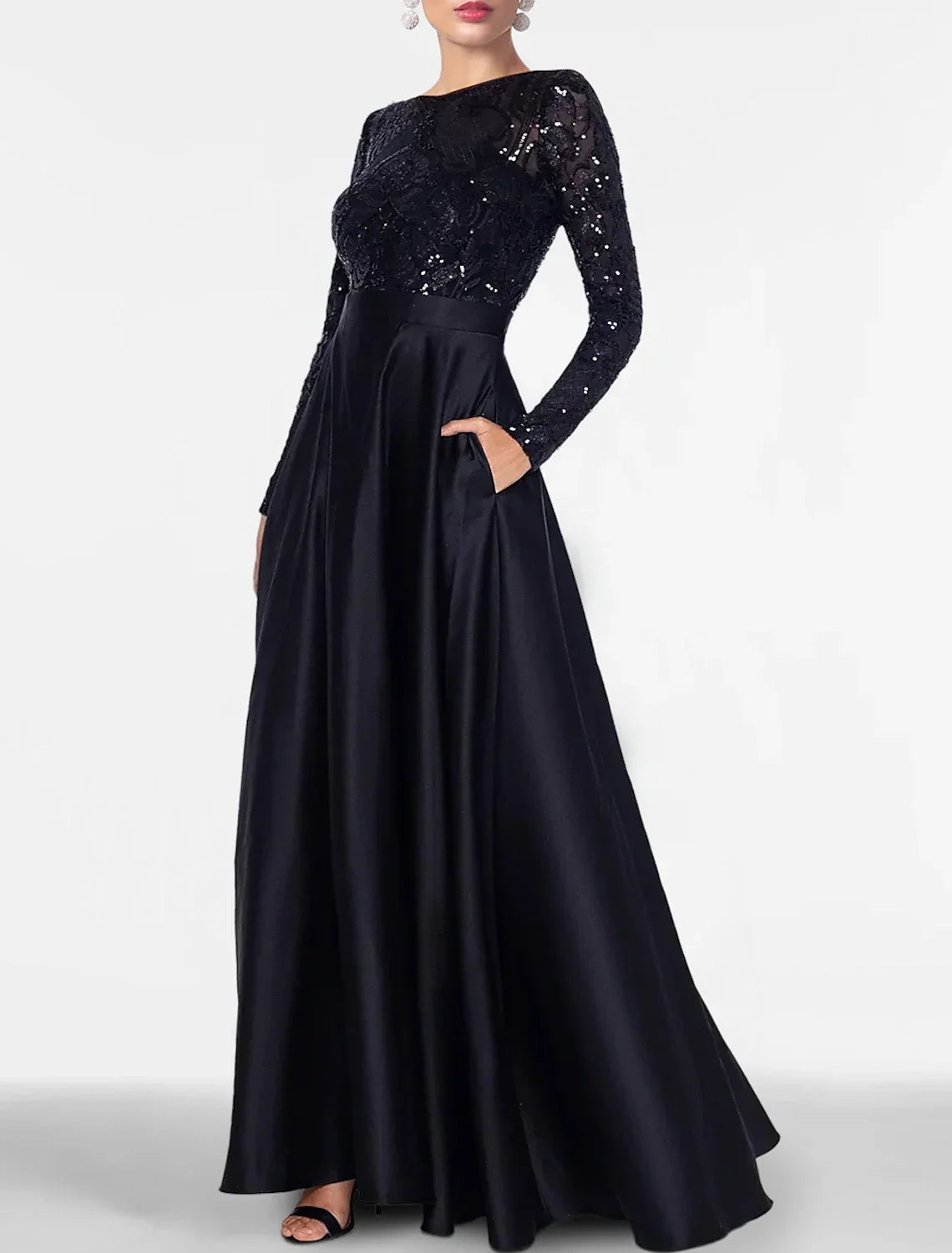 Black Evening Gown Elegant Dress Formal Tie Floor Length Long Sleeve Off Shoulder Fall Wedding Guest with Slit Pocket