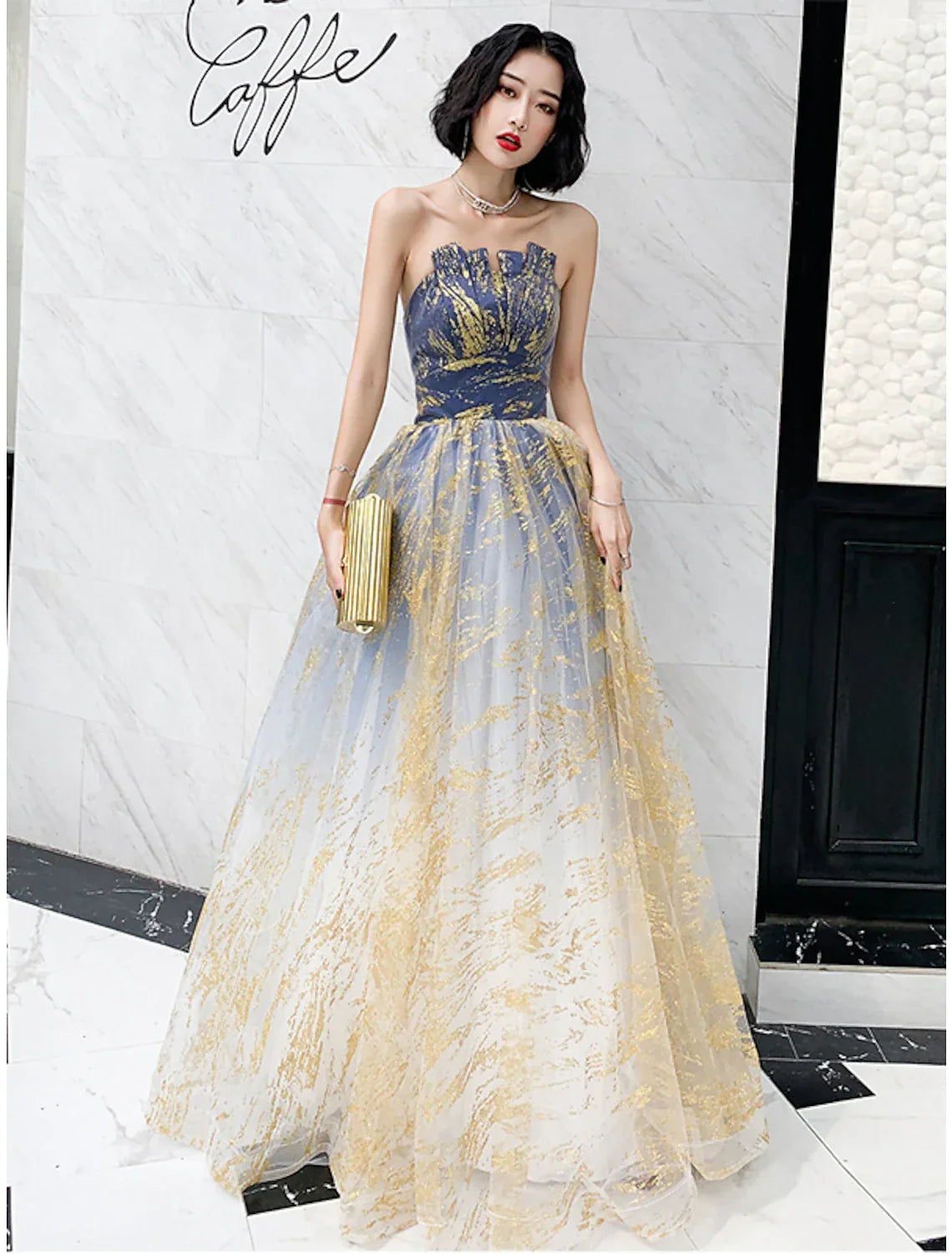 Color Block Sparkle Engagement Prom Dress Strapless Sleeveless Floor Length