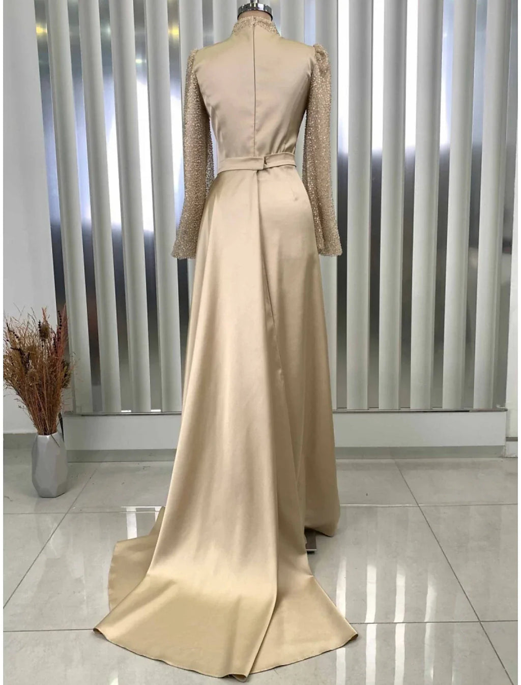 Evening Gown Champagne Christmas Elegant Dress Formal Sweep / Brush Train Long Sleeve High Neck with Glitter Pleats Ruched