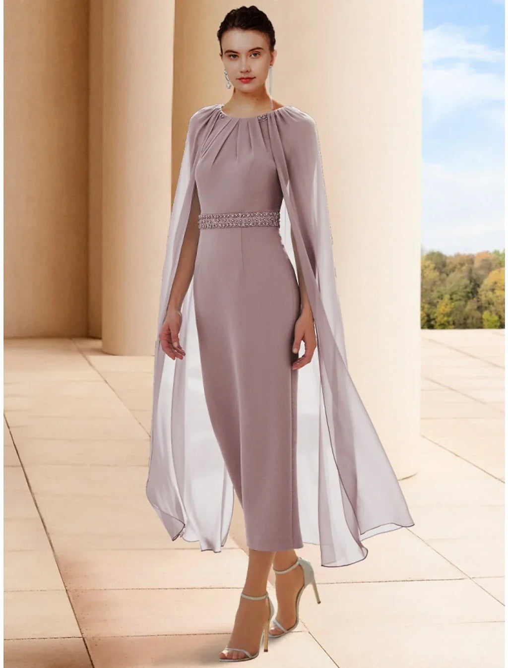 Sheath / Column Mother of the Bride Dress Wedding Guest Elegant Scoop Neck Ankle Length Sleeveless with Beading Ruching