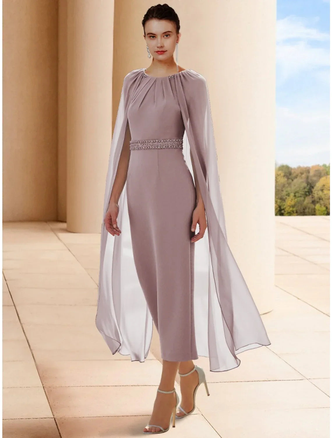 Sheath / Column Mother of the Bride Dress Wedding Guest Elegant Scoop Neck Ankle Length Sleeveless with Beading Ruching