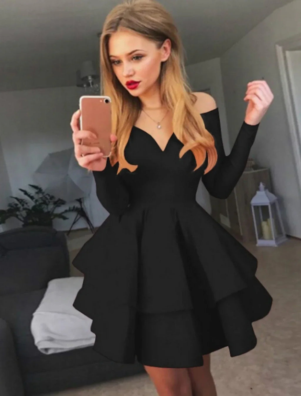 Black Ruched Homecming Dresses Red White Long Sleeve Layered Tiered Short Dress Spring Summer Off Shoulder Hot Cocktail Party