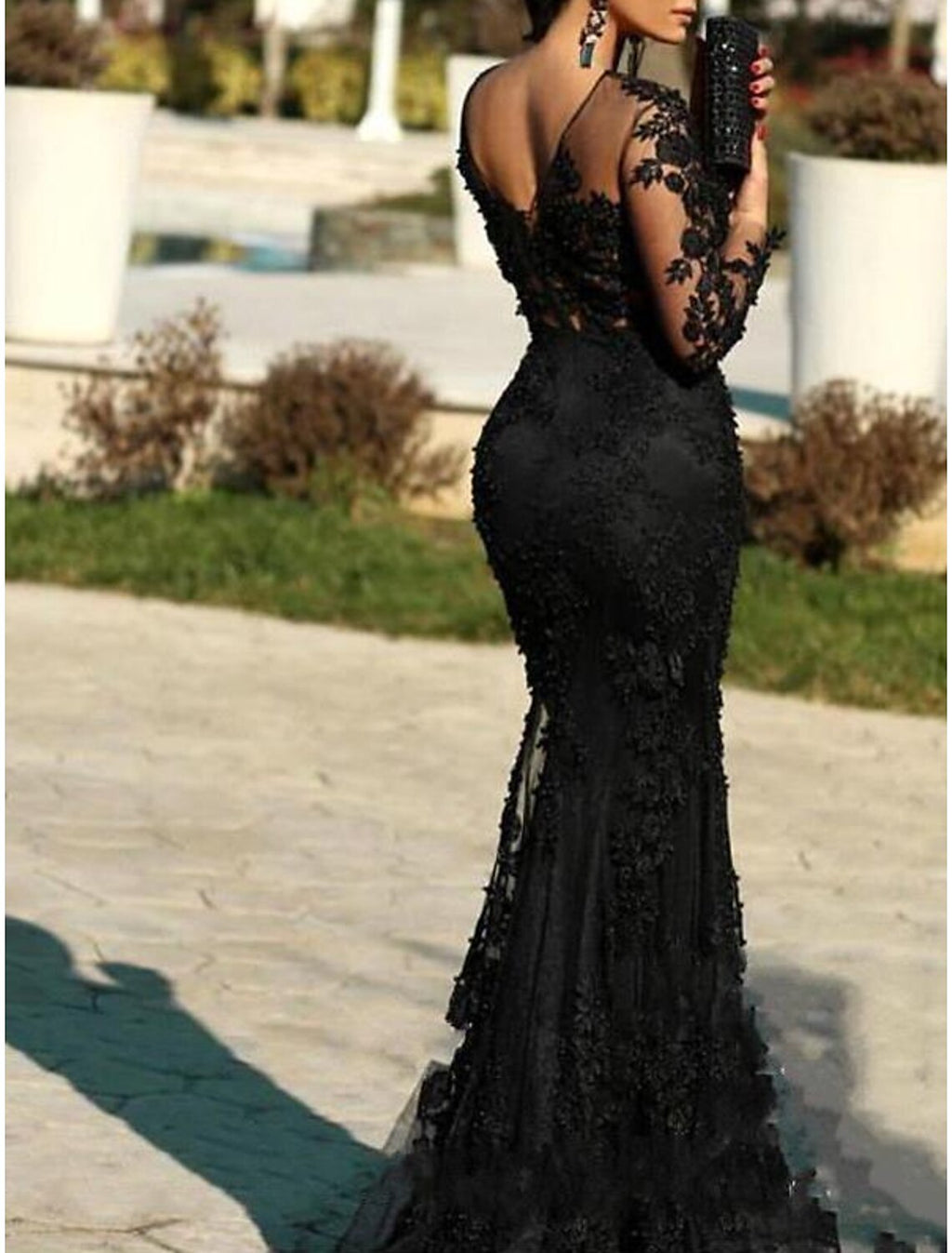 Black Mermaid Dress Plus Size Elegant Wedding Guest Formal Evening Dress Illusion Neck Long Sleeve Sweep / Brush Train with Insert Appliques