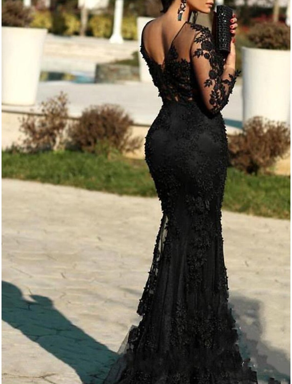 Black Mermaid Dress Plus Size Elegant Wedding Guest Formal Evening Dress Illusion Neck Long Sleeve Sweep / Brush Train with Insert Appliques