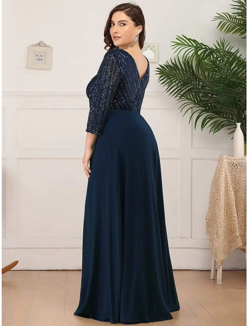 Evening Gown Plus Size Dress Wedding Guest Floor Length Length Sleeve V Neck V Back