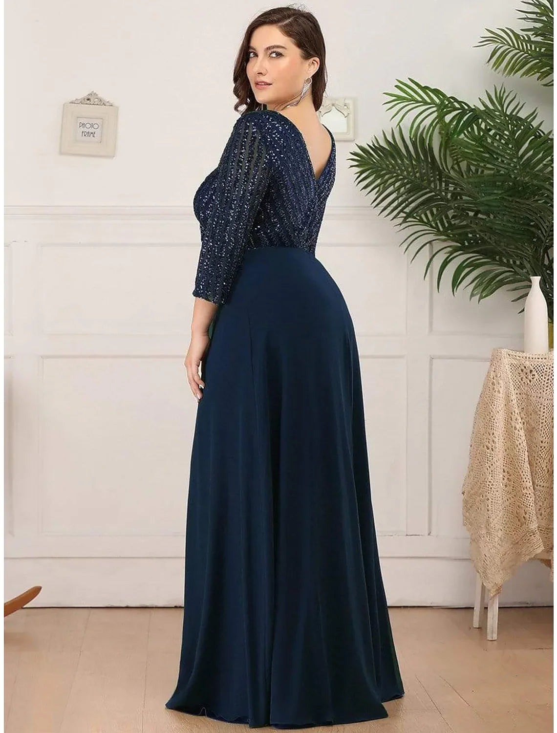Evening Gown Plus Size Dress Wedding Guest Floor Length Length Sleeve V Neck V Back
