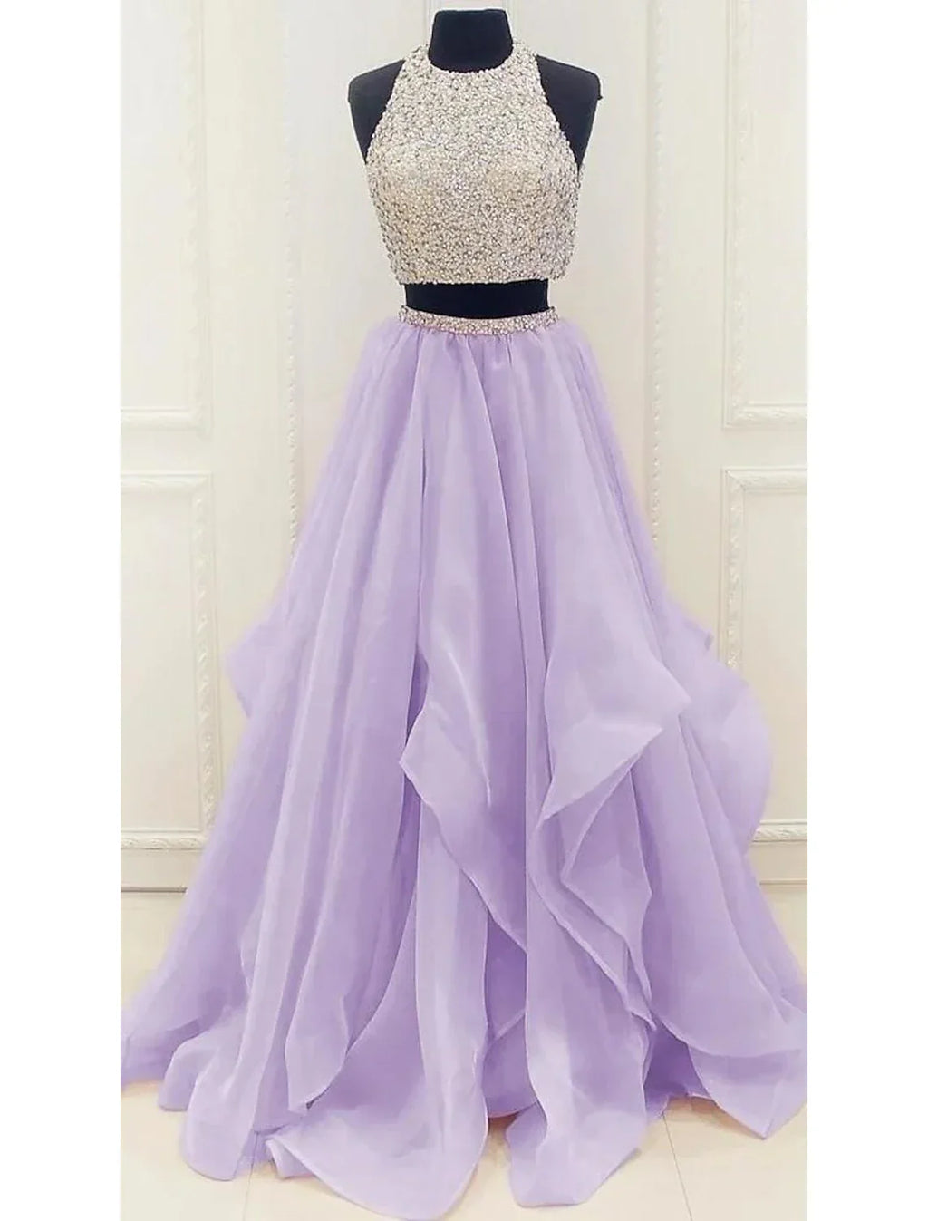 Two Piece Ball Gown Prom Dresses Sparkle & Shine Dress Party Wear Floor Length Sleeveless Halter