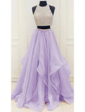 Two Piece Ball Gown Prom Dresses Sparkle & Shine Dress Party Wear Floor Length Sleeveless Halter