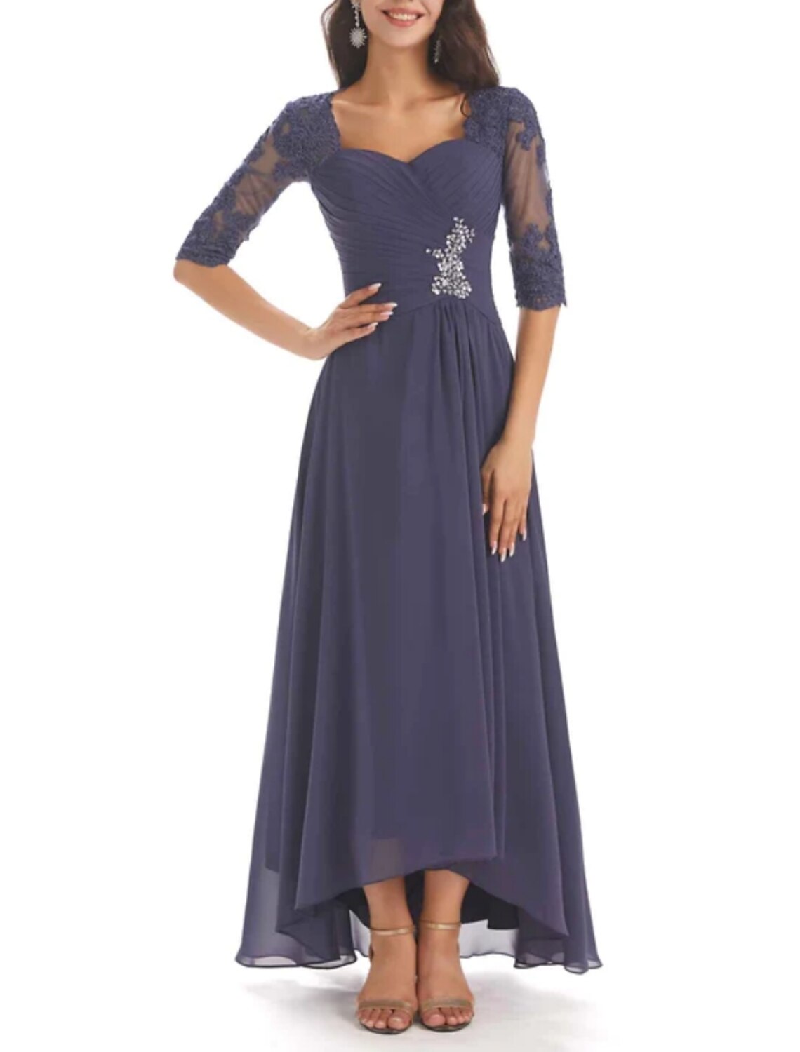 Two Piece A-Line Mother of the Bride Dress Wedding Guest Elegant Sweetheart Asymmetrical Ankle Length Long Sleeve with Crystal Brooch Ruching Solid Color