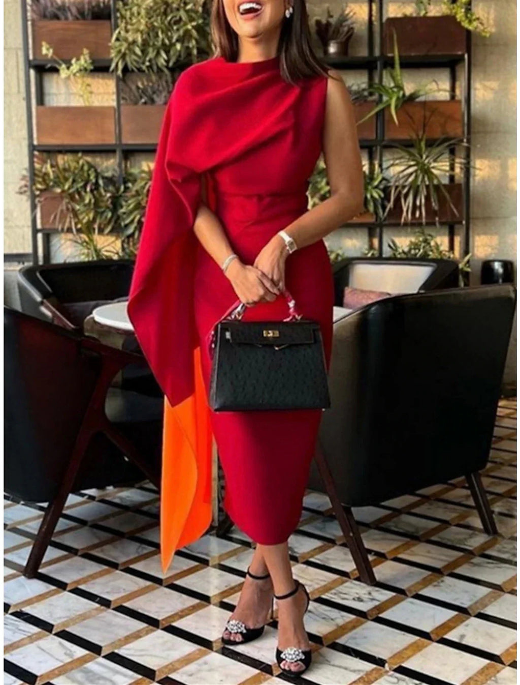 Green Sheath / Column Evening Gown Elegant Dress Formal Tea Length Christmas Red Dress Sleeveless Cowl Neck Fabric with Ruched