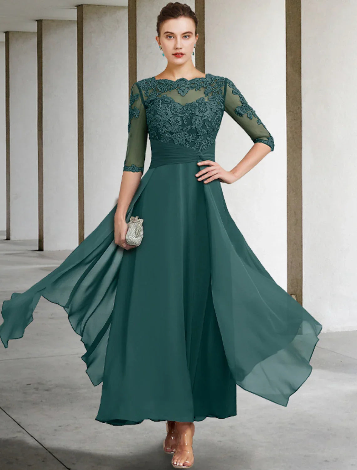 Mother of the Bride Dress Wedding Guest Plus Size Elegant Jewel Neck Ankle Length Half Sleeve with Ruched Beading Appliques Fall