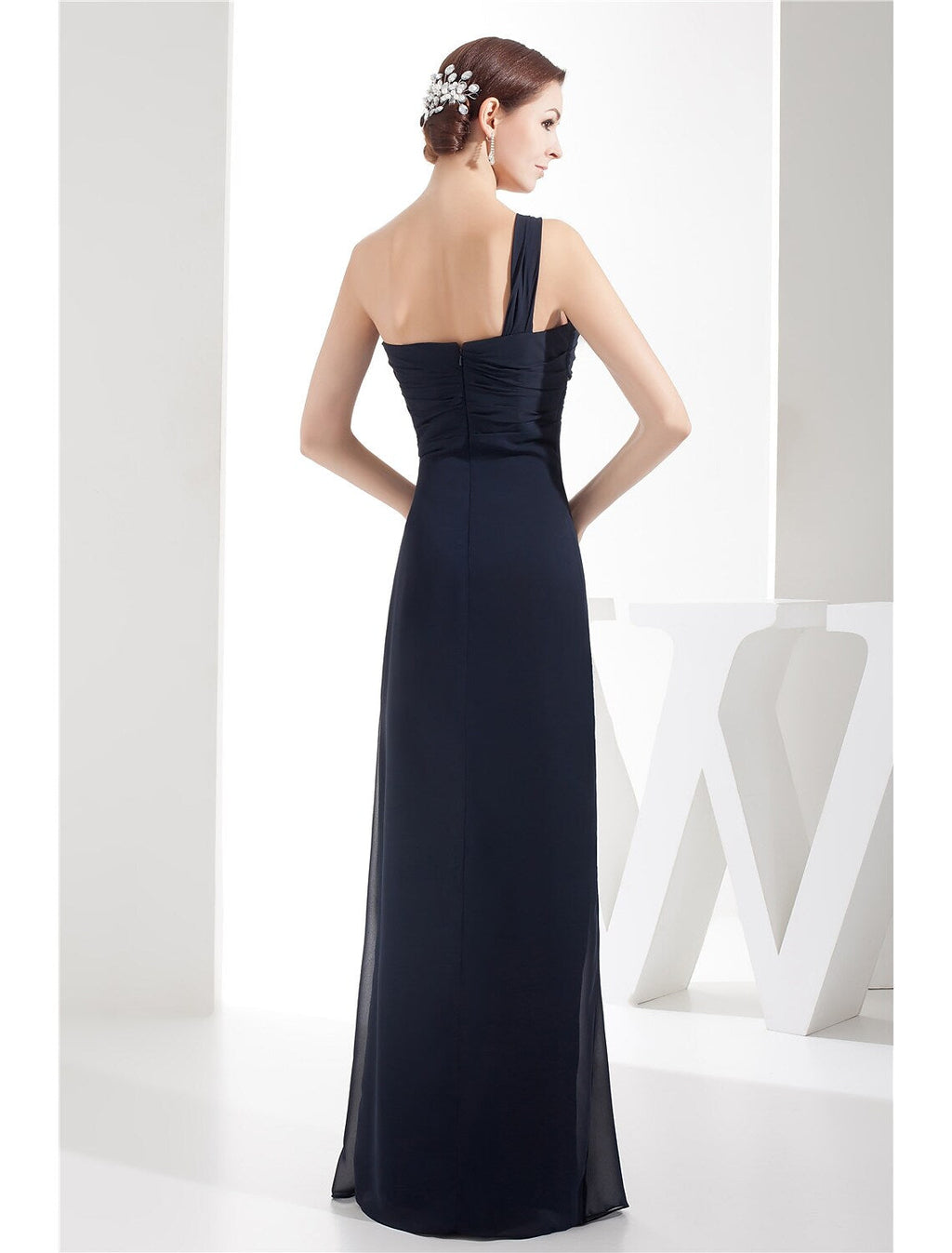 Evening Gown Dress Wedding Floor Length Sleeveless One Shoulder with Ruched