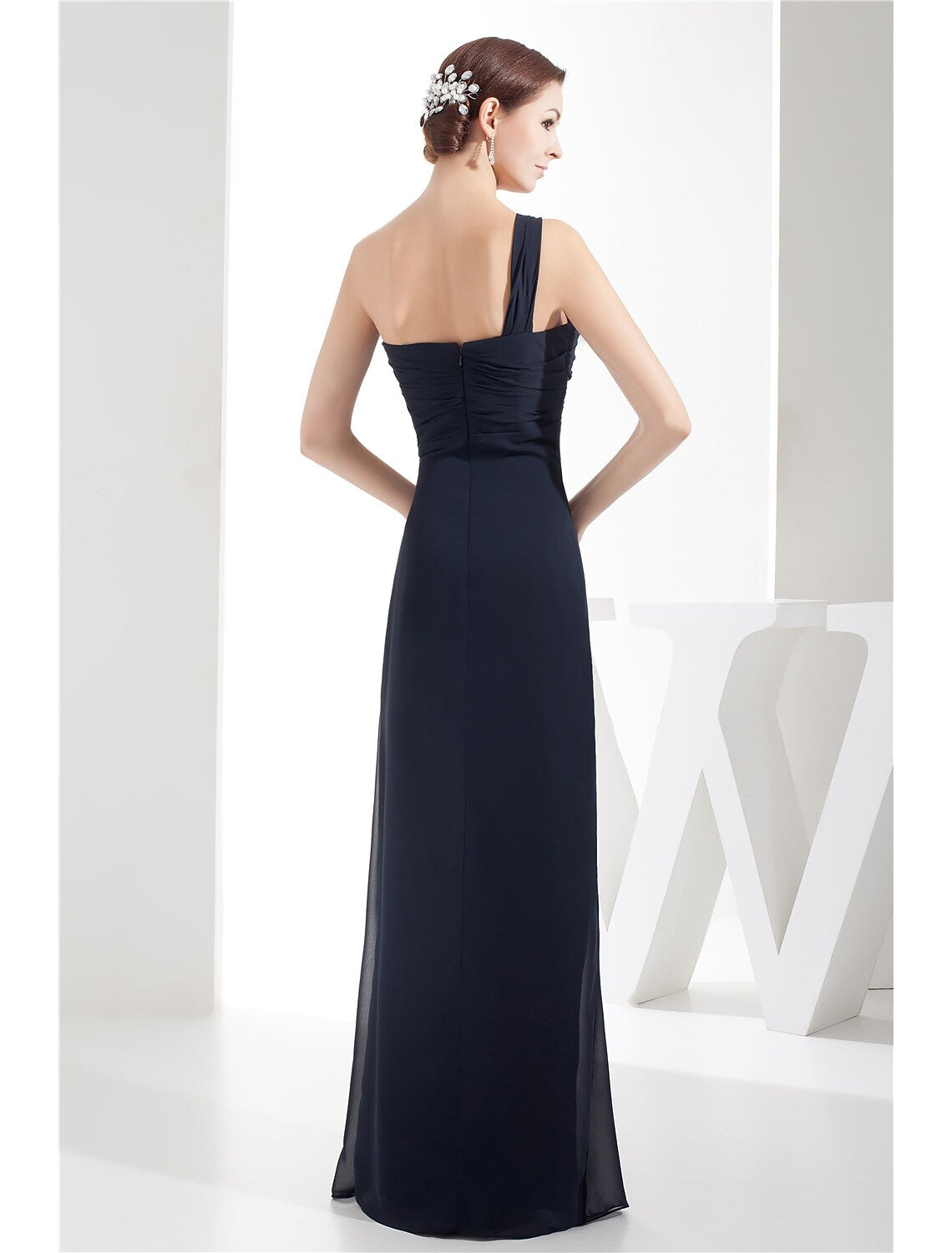 Evening Gown Dress Wedding Floor Length Sleeveless One Shoulder with Ruched