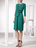 Two Piece Sheath / Column Mother of the Bride Dress Formal Wedding Guest Elegant Square Neck Knee Length 3/4 Length Sleeve with Bow(s) Appliques