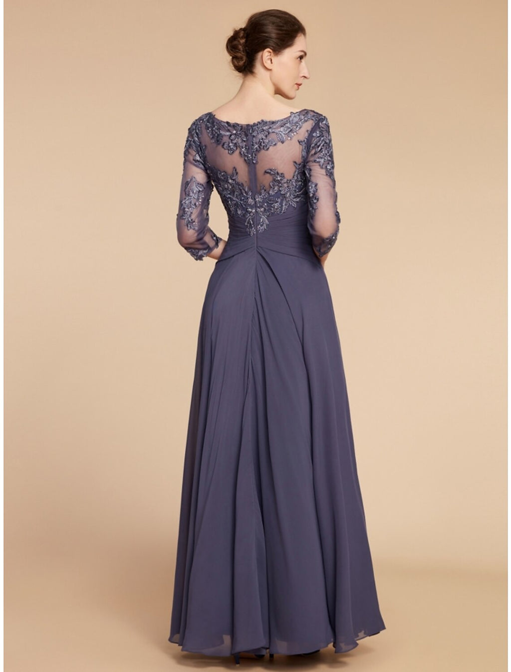 Mother of the Bride Dress Wedding Guest Elegant Scoop Neck Floor Length 3/4 Length Sleeve with Ruching Solid Color