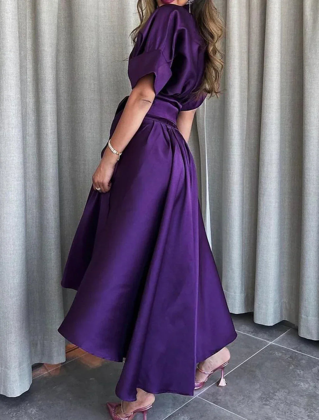Evening Gown Elegant Dress Formal Asymmetrical Short Sleeve Shirt Collar with Strappy